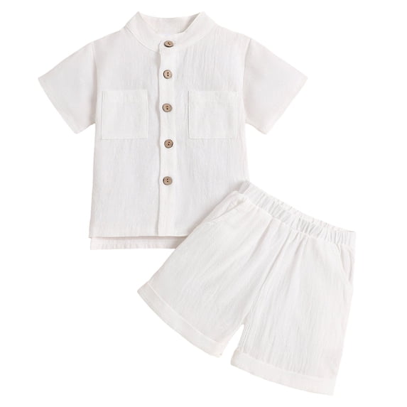 BOBOGOJP Baby Boys Summer Outfit Cotton Button Down Shirt and Shorts Set Toddler Infant Clothes for Beach Baptism Birthday(White, 6-12 Months)
