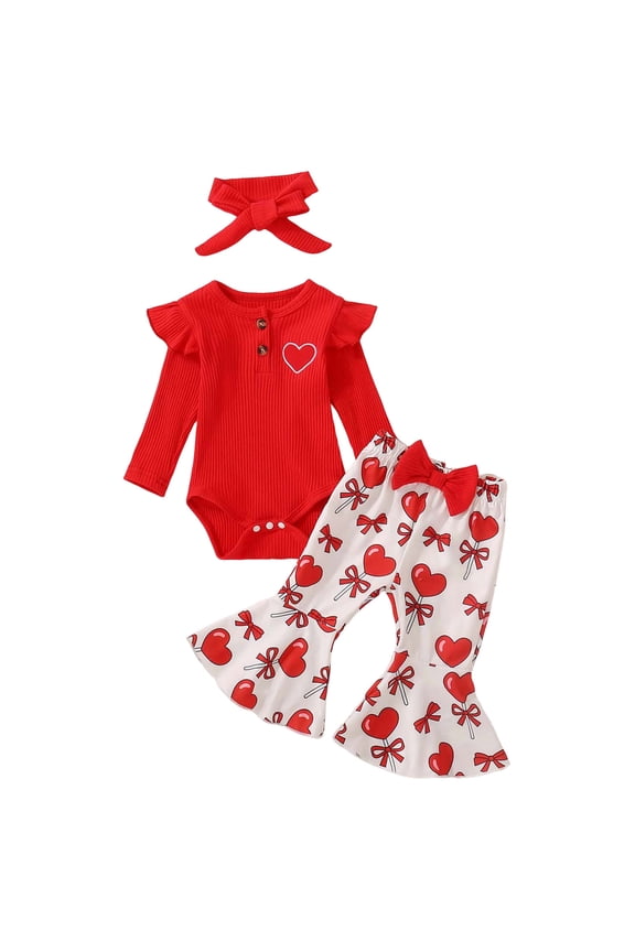 Baby Girl Bell Bottom Outfit Ruffle Romper Cute Bow Flare Pants Set Headband Cute Clothes Red for Size 12-18 Months
