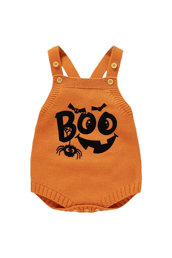 Baby Girl Boy Halloween Knit Sweater Sleeveless Pumpkin Embroidery Romper Overalls Shorts Infant Fall Outfit Orange for Size 0-3 Months
