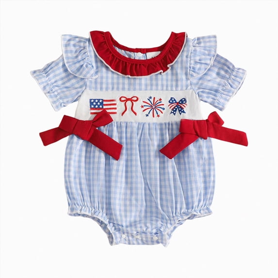 BOBOGOJP Baby Girl Bubble Romper Newborn Letter Embroidery Onesie Short Sleeve Jumpsuit Fathers Day Outfit Cute Clothes(Navy, 6-12 Months)