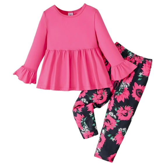 BOBOGOJP Baby Girl Clothes Toddler Girl Outfits Fall Winter Ruffle Shirt Pants Cute Clothing Set for Little Girl Hot Pink for Size 5-6 Years