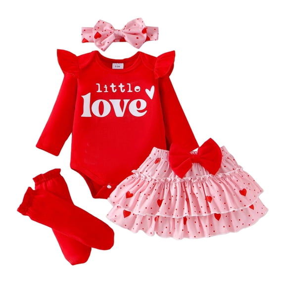 BOBOGOJP Baby Girl Outfit My 1st Valentine's Day Romper   Diamond Skirts  Leg Warmers Headband 4Pcs Spring Clothes Watermelon Red for Size 18M