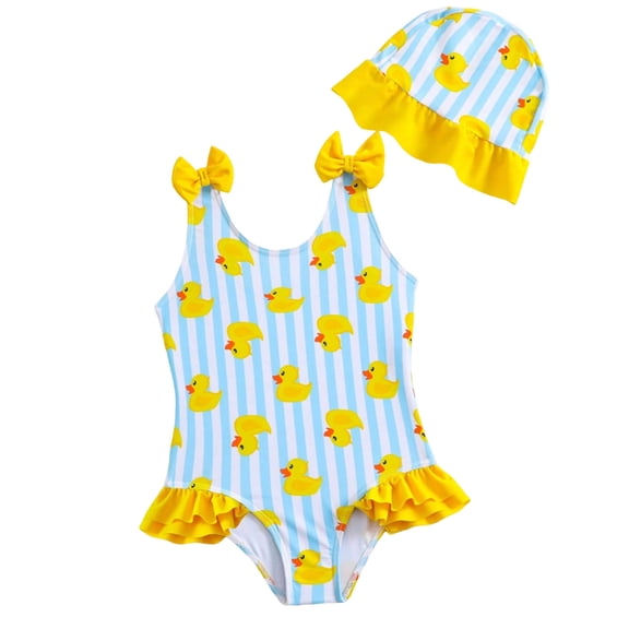 BOBOGOJP Baby Girl Swimsuit One-Piece Bathing Suit Cute Summer Beach Tankini Bikini Ruffle Bow Toddler Swimwear with Hat Yellow for Size 3-4 Years