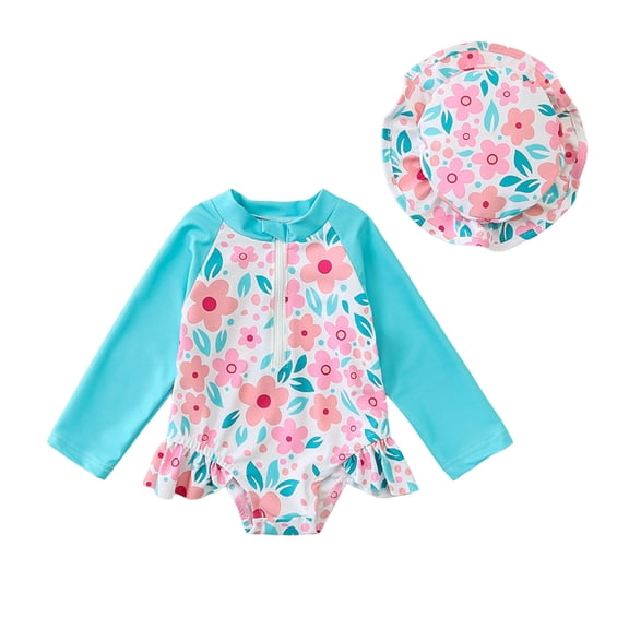 BOBOGOJP Baby Girl Swimsuit One-Piece Long Sleeve Rash Guard with Hat Set Floral Zipper Bathing Suit Leopard Beach Wear Green for Size 12-18 Months