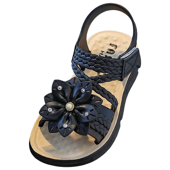 BOBOGOJP Baby Toddler Girls PU Leather Soft Open Toe Summer Sandals Flower Princess Flat Shoes Black for Size 12.5