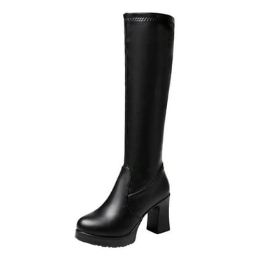 BOBOGOJP Back To School Platform Knee High Boots for Women Block Chunky Heel Round Toe Side Zipper Tall Boots (Black,6.5)