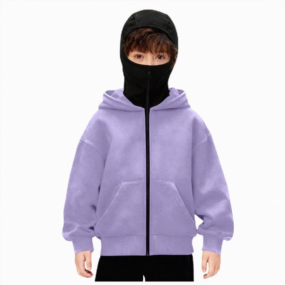 BOBOGOJP Balaclava Hoodie for Boys Girls Kids Windproof Ski Mask Hoodies Oversized Full Zip Sweatshirt Jacket with Pockets Purple,Size 12-13 Years