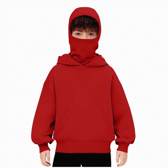 BOBOGOJP Balaclava Hoodie for Boys Girls Kids Windproof Ski Mask Hoodies Oversized Full Zip Sweatshirt Jacket with Pockets Red,Size 6-7 Years