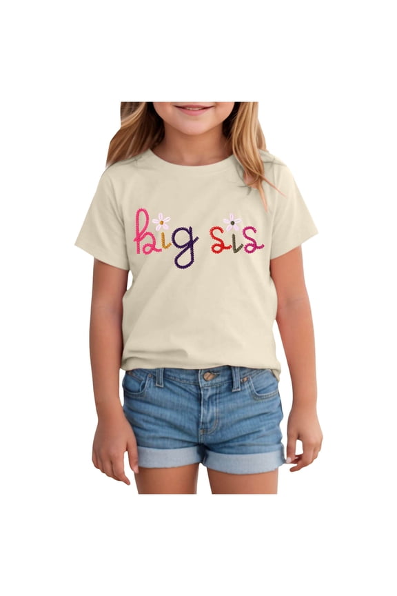 Big Sister Shirts Toddler Baby Girl Embroidered Promoted to Big Sis Announcement T-Shirt Short Sleeve Tee Tops(18-24 Months, Beige)