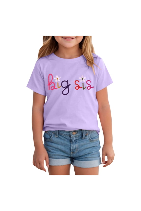 Big Sister Shirts Toddler Baby Girl Embroidered Promoted to Big Sis Announcement T-Shirt Short Sleeve Tee Tops(5-6 Years, Purple)