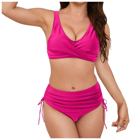 BOBOGOJP Bikini Set for Women Cheeky Two Piece Swimsuits Scoop Neck Bathing Suit with Ajustable String Bottom Hot Pink for Size M