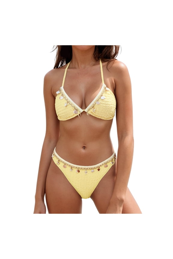 Bikini Set for Women Two Piece Swimsuits V Neck Low Rise Crisscross Back Self Tie Spaghetti Straps Yellow for Size M