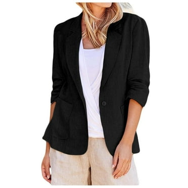 BOBOGOJP Blazers for Women Business Casual 3/4 Sleeve Ruched Lined Suit Stretchy Lightweight Casual Dressy Work Summer Jackets with Pockets (Black,XXL)
