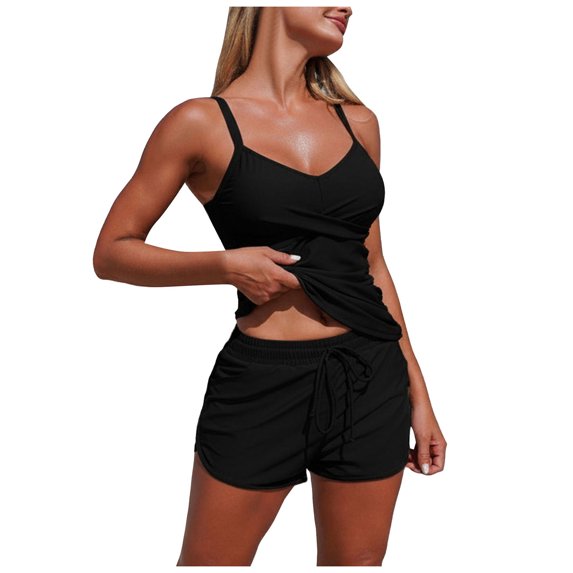 BOBOGOJP Blouson Tankini Swimsuits for Women - Two Piece Tummy Control Bathing Suit with Shorts Modest Swimwear Black for Size XL