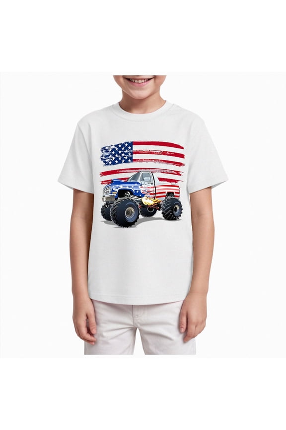 Boy Summer Shirt Short Sleeve Shirts Train Monster Truck Car Toddler Boys T-Shirt Clothes White for Size 3-4 Years
