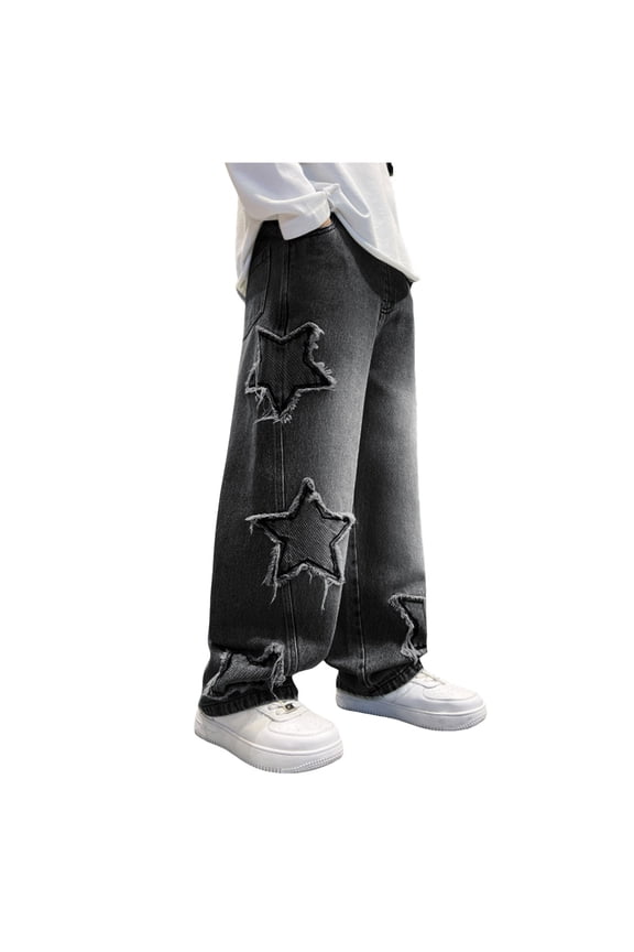 Boys Baggy Jeans, Wide Leg Elastic Waist Denim Pants Loose Fit Trousers Vintage Y2K Streetwear Black for Size 9-10 Years