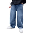 thumbnail image 1 of BOBOGOJP Boys Jeans Baggy Straight Leg Elastic Waist Loose Denim Pants with Pockets Light Blue for Size 7-8 Years, 1 of 9