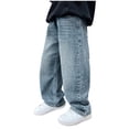 thumbnail image 1 of BOBOGOJP Toddler Boys Jeans Loose Fit Elastic Waistband Black Straight Leg Baggy Denim Pants with Five Pockets Blue for Size 5-6 Years, 1 of 5