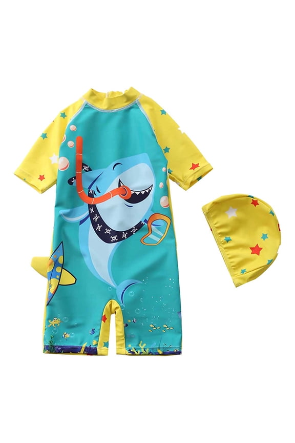 Toddler Baby Boy Rashguard Swimsuit Shark Coconut Tree Printed One Piece Bodysuit Bathing Suit Light Yellow for Size 5-6 Years