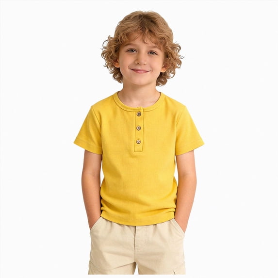 BOBOGOJP Boys Short Sleeve Shirt with Button, Henley Shirt Boys & Girls, Polo Shirt Without Collar(Gold,2-3 Years)