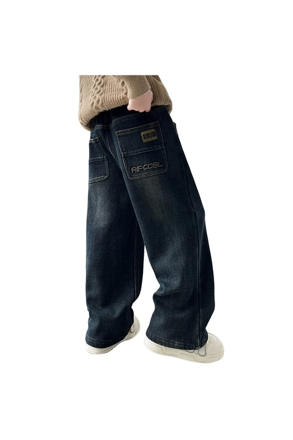 Boys Straight Leg Baggy Jeans Kids Boys Elastic Waist Casual Loose Pull On Denim Pants with Pockets Blue for Size 13-14 Years