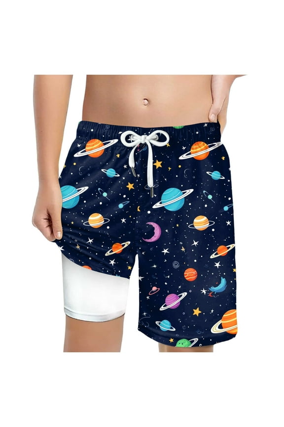 Boys Swim Trunks Zipper Pockets Compression Liner Anti Chafe Swimsuit Bathing Beach Shorts Surf Quick Dry UPF 50+ Black for Size 10-13 Years