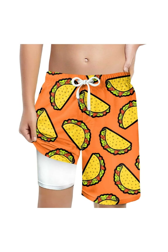 Boys Swim Trunks Zipper Pockets Compression Liner Anti Chafe Swimsuit Bathing Beach Shorts Surf Quick Dry UPF 50+ Orange for Size 13-14 Years