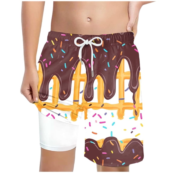 BOBOGOJP Boys Swim Trunks with Compression Liner Boy Bathing Suit Quick Dry Board Shorts for 6-20 Years Brown for Size 8-9 Years