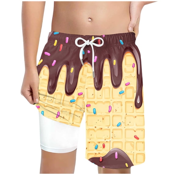 BOBOGOJP Boys Swim Trunks with Compression Liner Swim Shorts Swimwear Quick Dry Boy Bathing Suit Beach Swimsuit Toddler Brown for Size 8-9 Years