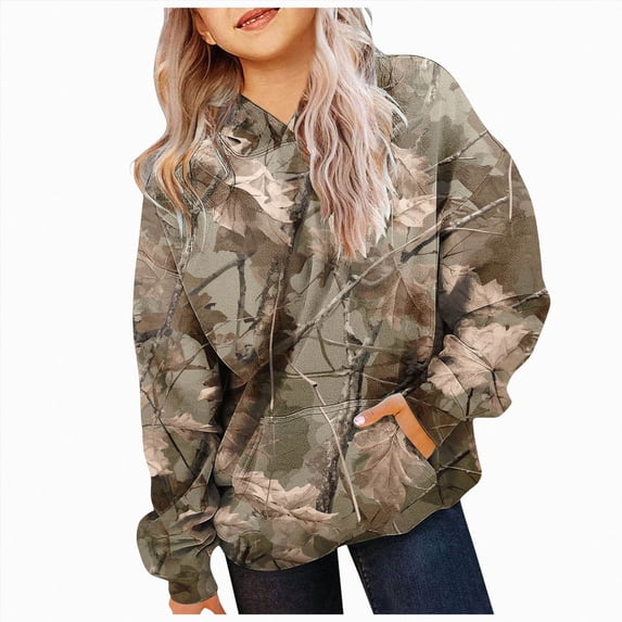 BOBOGOJP Camo Hoodie Kids Cute Hoodies Maple Leaf Print Oversized Drop Shoulder Fleece Hooded Sweatshirt Pullover With Pocket (Khaki, 5-6)
