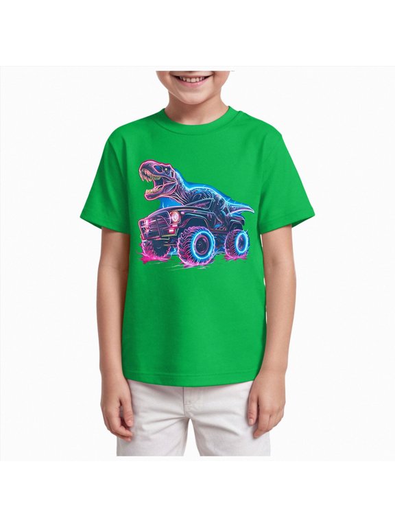 Cotton Shirt for 3-6T Boys Truck Dinosaur Toddler Kids T-Shirt Short Sleeve Excavator Construction T-Rex Tee Shirts Green for Size 3-4 Years