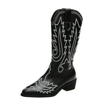 BOBOGOJP Cowboy Boots for Women - Cowgirl Western Mid Calf Boots with Embroidery, Pointed Toe Retro Chunky Heel Slip On Fashion Classic Short Boots Pull On for Ladies Summer Fall (Black,7.5)