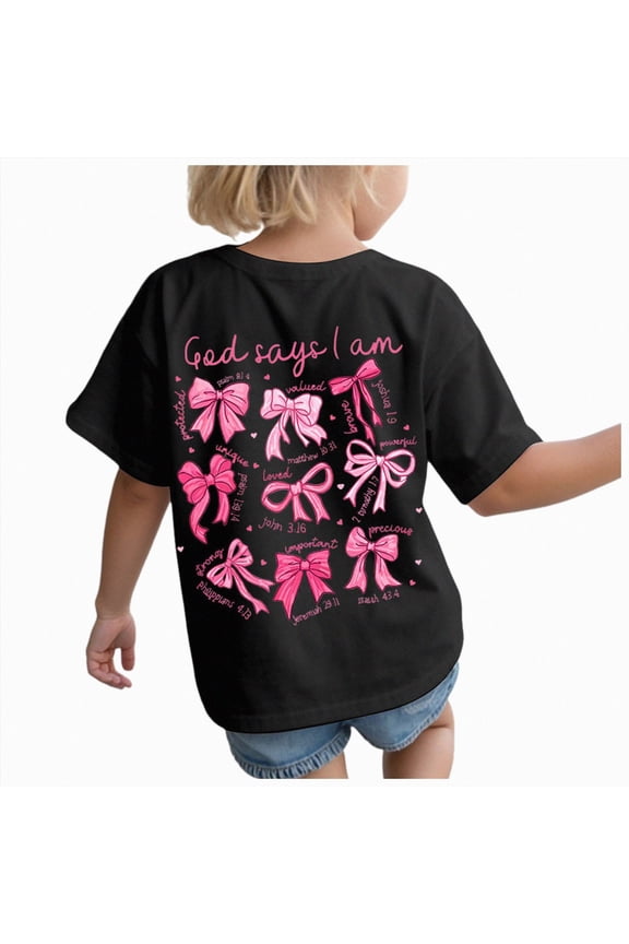 Cute Bow Christian Shirts Graphic Tees Girls Jesus God Faith Bible Shirt Cotton Religious Top Black for Size 7-8 Years