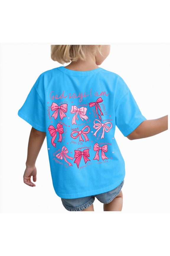 Cute Bow Christian Shirts Graphic Tees Girls Jesus God Faith Bible Shirt Cotton Religious Top Sky Blue for Size 7-8 Years