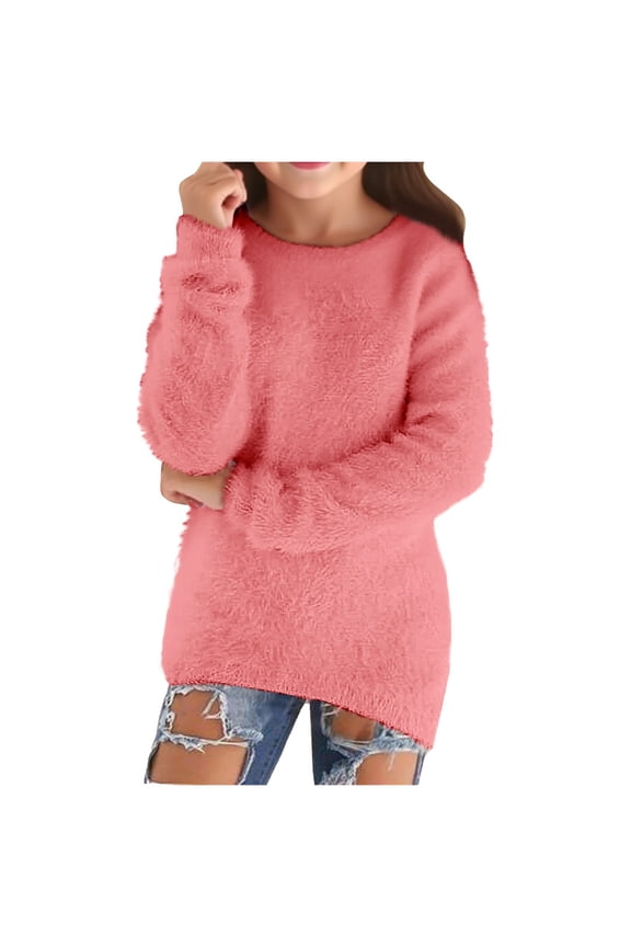 Fall Sweaters for Girls Flannel Fluffy Fuzzy Loose Cozy Long Sleeve Pullover Kids Cute Chunky Warm Jumper Sweater Pink for Size 13-14 Years