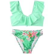 BOBOGOJP Girls Bikini Set Tropical Print Ruffle Trim Cut Out 2 Piece Bathing Suit Green for Size 7-8 Years