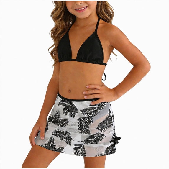 BOBOGOJP Girl's Cute 3 Piece Swimsuit V Neck Spaghetti Strap Triangle Bikini Set for Teen Girls Tropical Floral Print Bikini Set (Black, 11-12 Years)