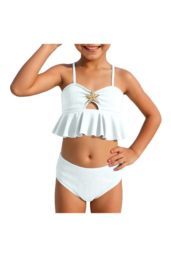 Girl's Cute Two Piece Bikini Sets Ruffle Peplum Shell High Waisted Ribbed Swimsuit Textured Kids Tankini White for Size 6-7 Years
