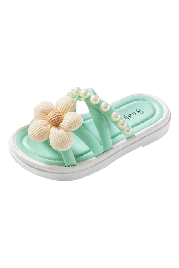 Girl's Flower Pearl Metallic Sandals Dressy Cute Summer Square Open Toe Flat Sandals Slides Green for Size 1