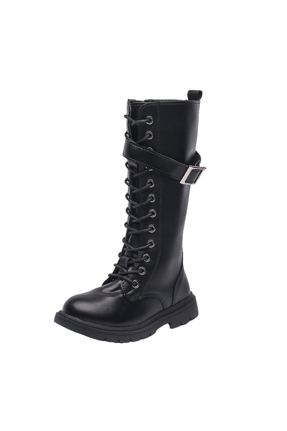 Girl's Knee High Boots Comfortable and Soft Flat Zipper Combat Boots Leather Non Slip Riding Boots Sole Heels Shoes Girl's Leather Knee High Riding Boots Black for Size 1