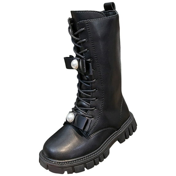 BOBOGOJP Girl's Knee High Winter Boots Bowknot Warm Snow Boots Low Heels Lug Sole Riding Boot Side Zipper Black for Size 10