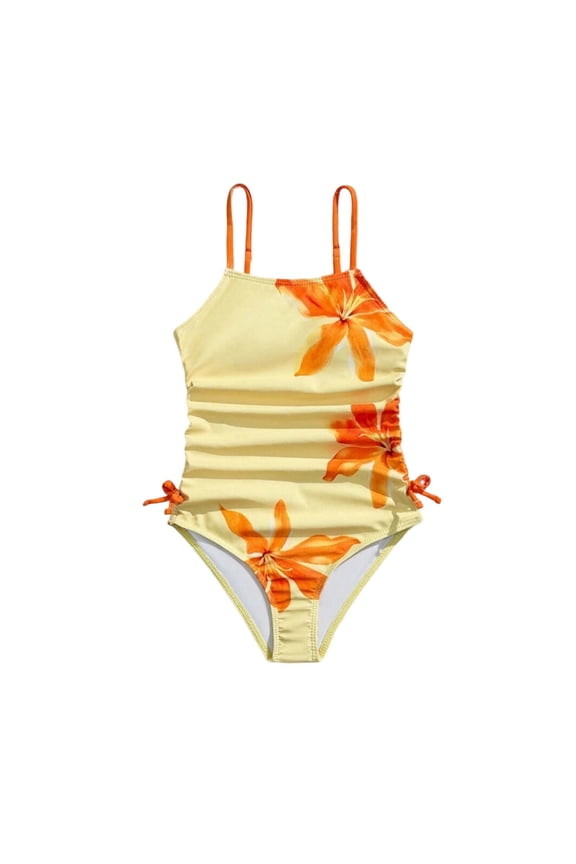 Girl's One Piece Swimsuit Flower Bow Side Ruched Beach Vacation Bathing Suit Orange for Size 13-14 Years