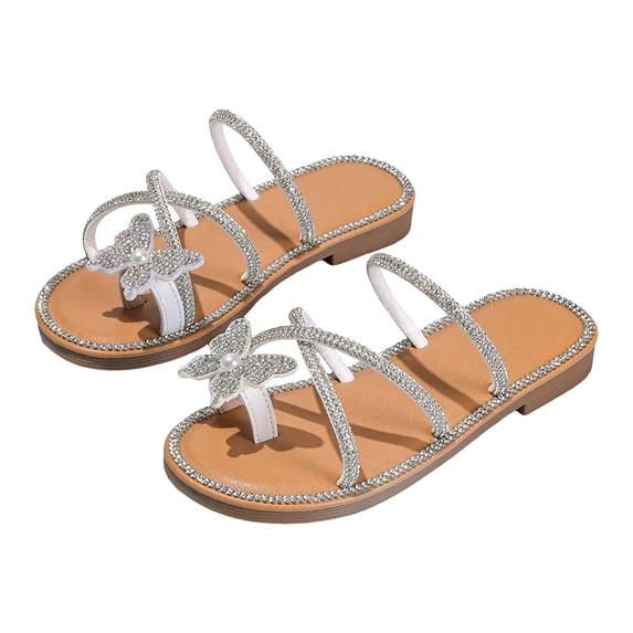 BOBOGOJP Girl's PU Leather Rhinestone Sandals Butterfly Strappy Flat Open Toe Elegant Slides Sandals Silver for Size 11