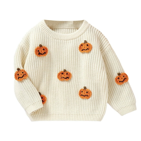 BOBOGOJP Girl's Pumpkin Sweater Crew Neck Long Sleeve Chunky Knit Cropped Sweater Pullover Beige for Size 2-3 Years