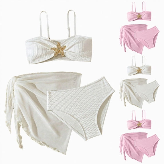 BOBOGOJP Girl's Swimsuits 3 Piece Seashell Spaghetti Strap Textured Bathing Suit with Cover Up(White, 8-9 Years)