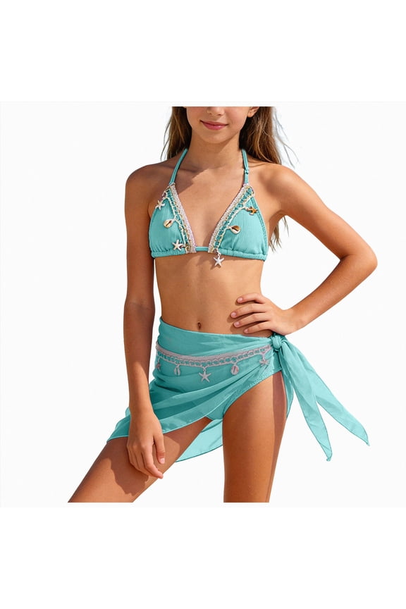 Girl's Swimwear Sets Backless Halter Bikini Brief Wrap Skirt Bathing Suit Light Green for Size 9-10 Years
