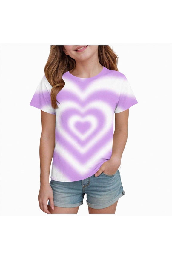 Girl's Tie T-Shirt Cute Heart Graphic Crewneck Tee Shirts Casual Summer Short Sleeve Tops Preppy Clothes 1-13 Years Blue for Size 4-5 Years