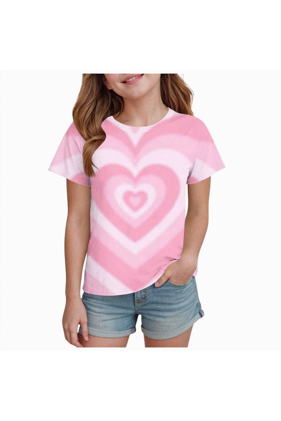 Girl's Tie T-Shirt Cute Heart Graphic Crewneck Tee Shirts Casual Summer Short Sleeve Tops Preppy Clothes 1-13 Years Light Pink for Size 6-7 Years