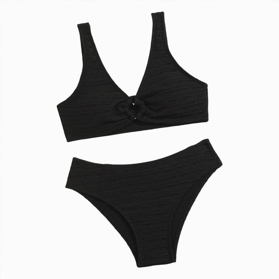 BOBOGOJP Girl's V Neck Ring Linked Bikini Sets Bathing Suits Two Piece Swimsuit (Black, 13-14 Years)