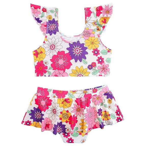 BOBOGOJP Girls 2 Piece Tankini Swimsuit Bathing Suit Adjustable Straps Ruffled Floral Summer Girls' Swimwear for 3-8 Years Red for Size 18-24 Months